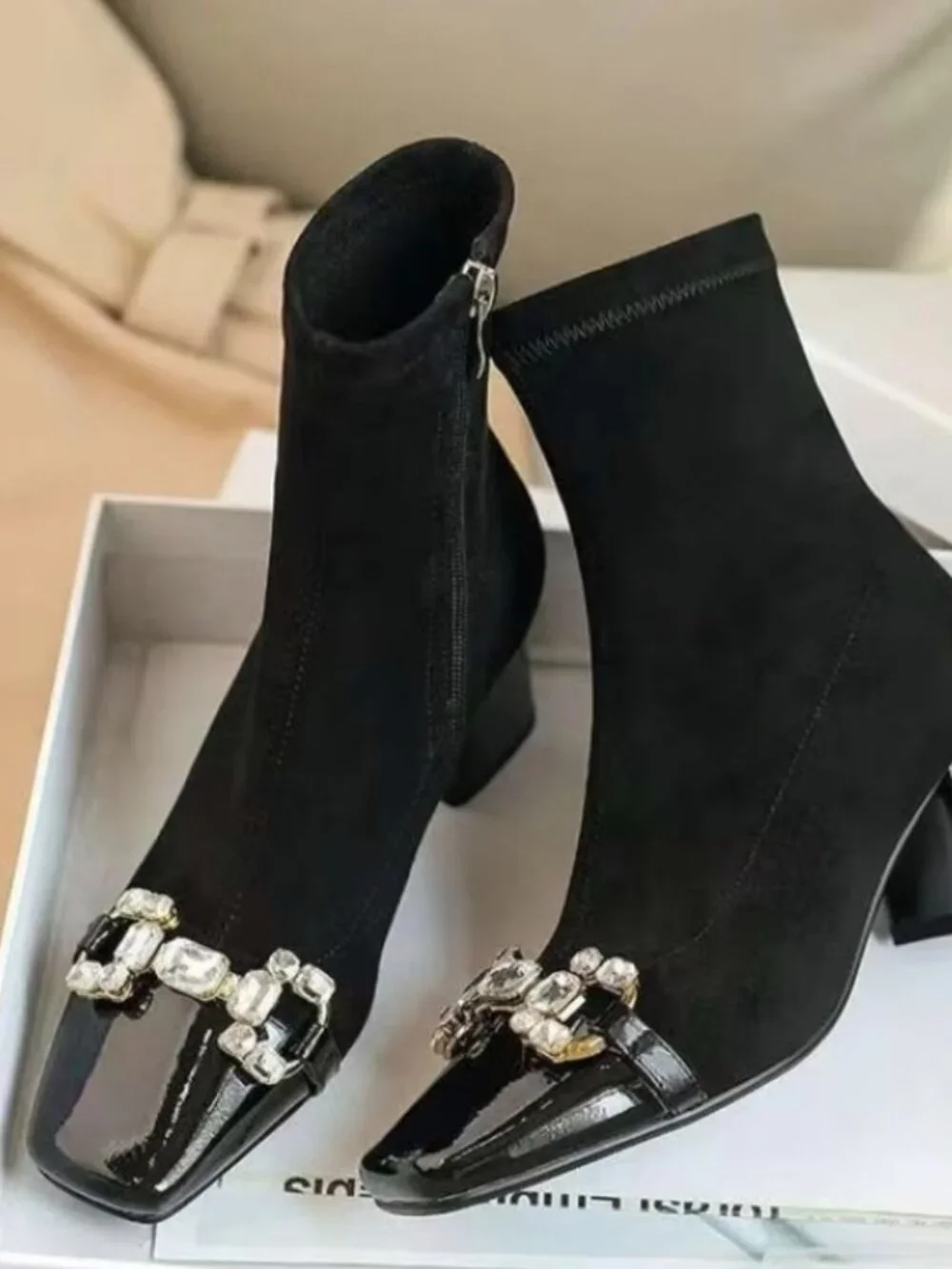 Women'S Black Square Toe Ankle Boots - Rhinestone And Pearl Buckle Detail